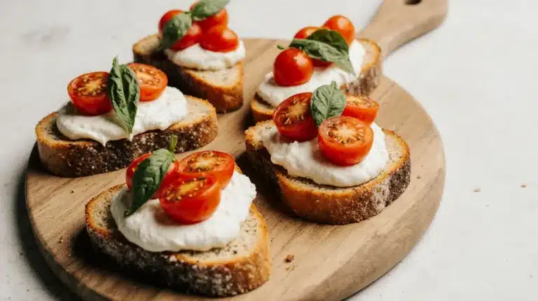burrata bruschetta on rustic board