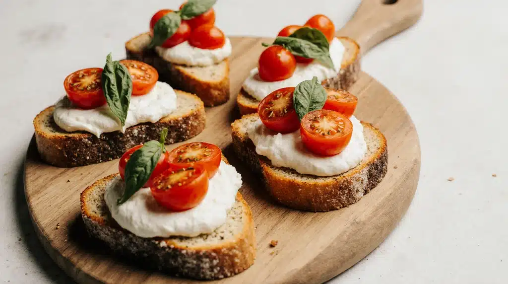 Burrata Bruschetta That Will Make You Fall in Love with Appetizers 15 burrata bruschetta on rustic board