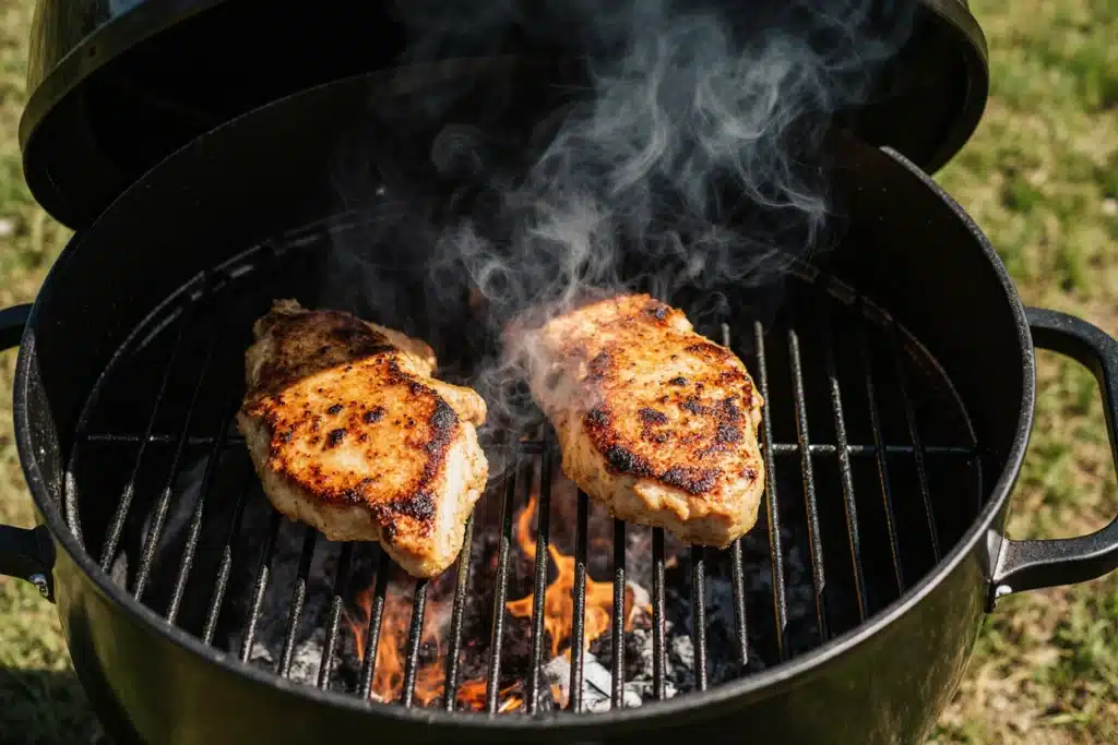 Smoked Chicken Thighs Recipe: 5 Simple Steps to Juicy, Crispy & Irresistible Chicken 8 chicken thighs cooking on smoker grill with smoke and heat