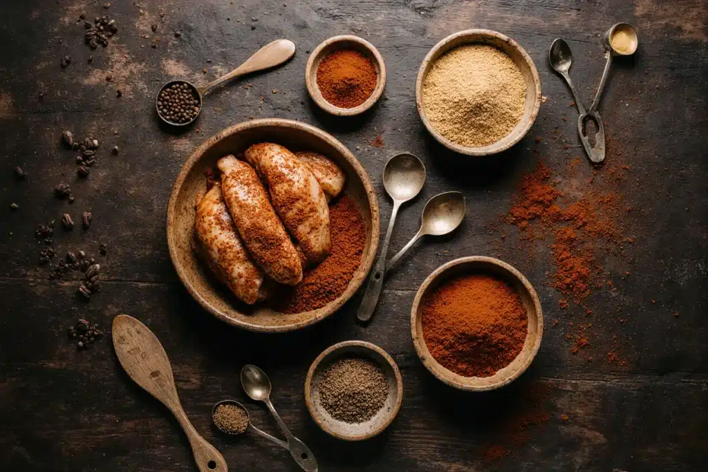 Smoked Chicken Thighs Recipe: 5 Simple Steps to Juicy, Crispy & Irresistible Chicken 7 seasoned chicken thighs with dry rub spices on wood table