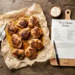 smoked chicken thighs beside printed recipe card