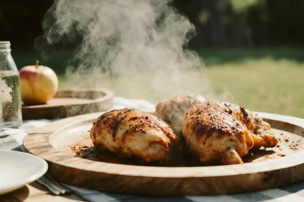smoked chicken thighs on rustic backyard table with crispy skin
