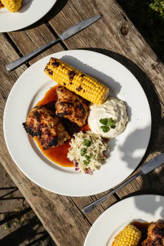 Smoked Chicken Thighs Recipe: 5 Simple Steps to Juicy, Crispy & Irresistible Chicken 9 smoked chicken thighs served with BBQ sides on rustic plate